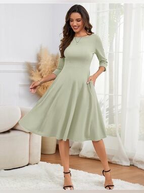 Elegant Sage Green Midi Dress with Three-Quarter Sleeves